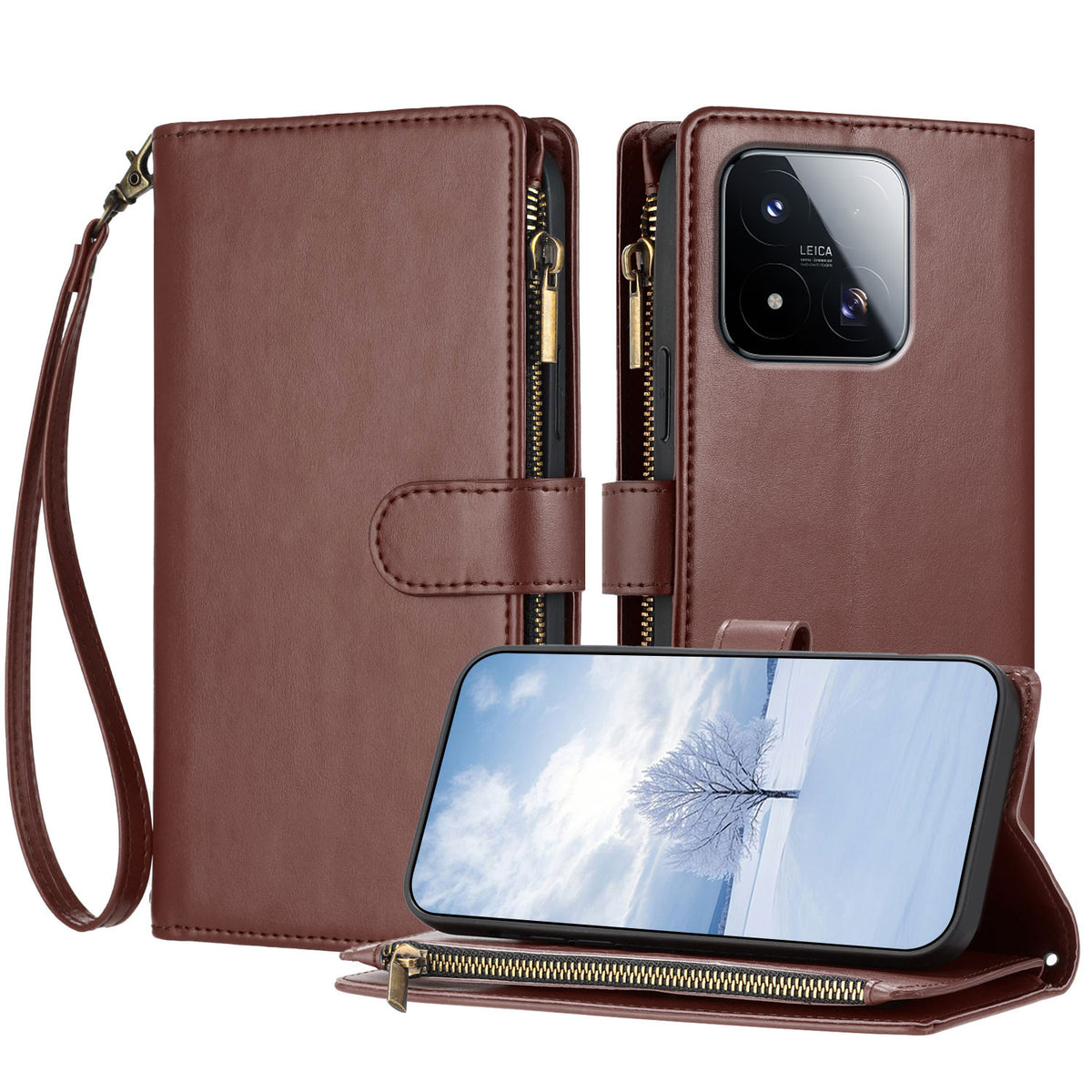 For Xiaomi 17 Max Leather Case Zipper Wallet Stand Shockproof Phone Cover with Wrist Strap
