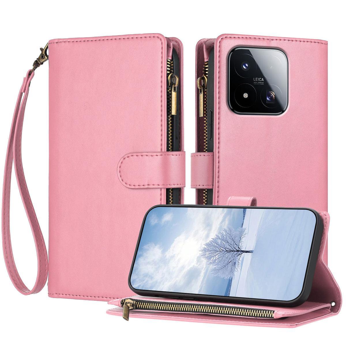 For Xiaomi 17 Max Leather Case Zipper Wallet Stand Shockproof Phone Cover with Wrist Strap
