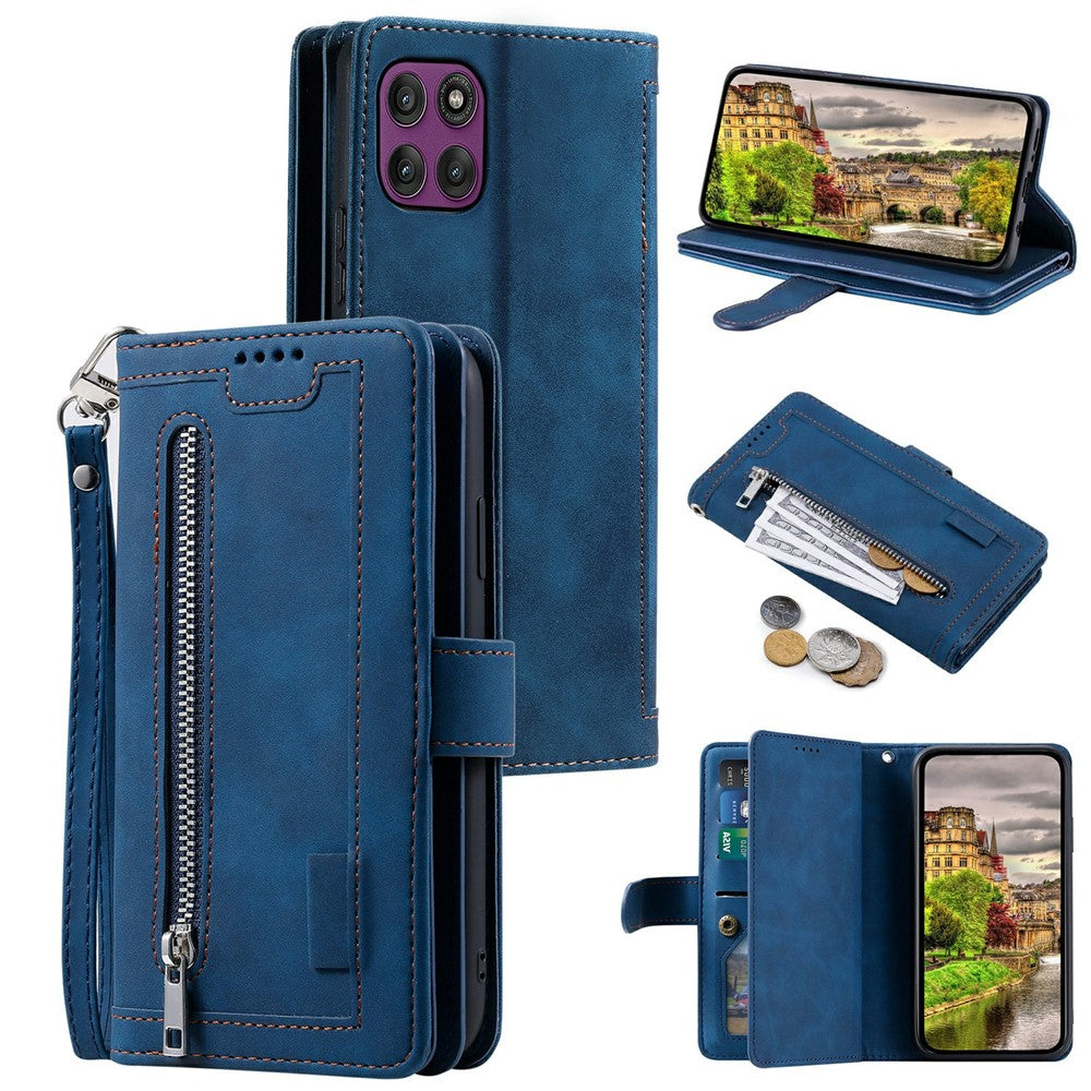 For Motorola Moto G37 5G / G47 5G Case 9 Card Slots Zipper Wallet PU Leather Phone Cover with Wrist Strap