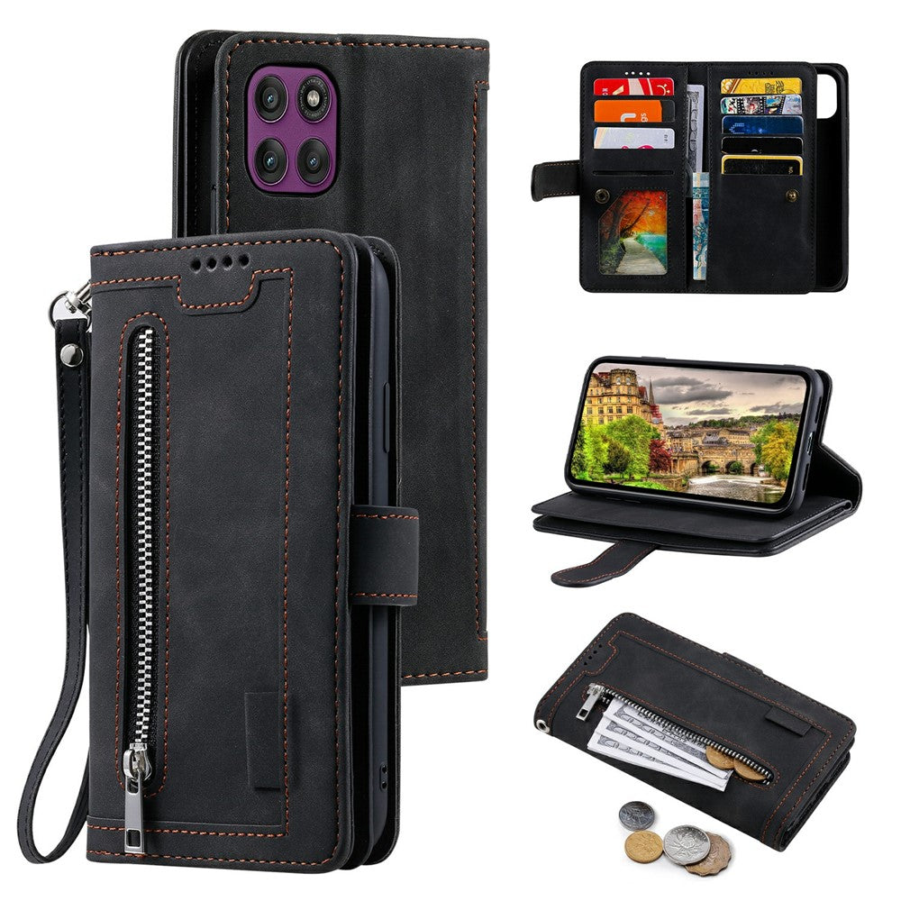 For Motorola Moto G37 5G / G47 5G Case 9 Card Slots Zipper Wallet PU Leather Phone Cover with Wrist Strap