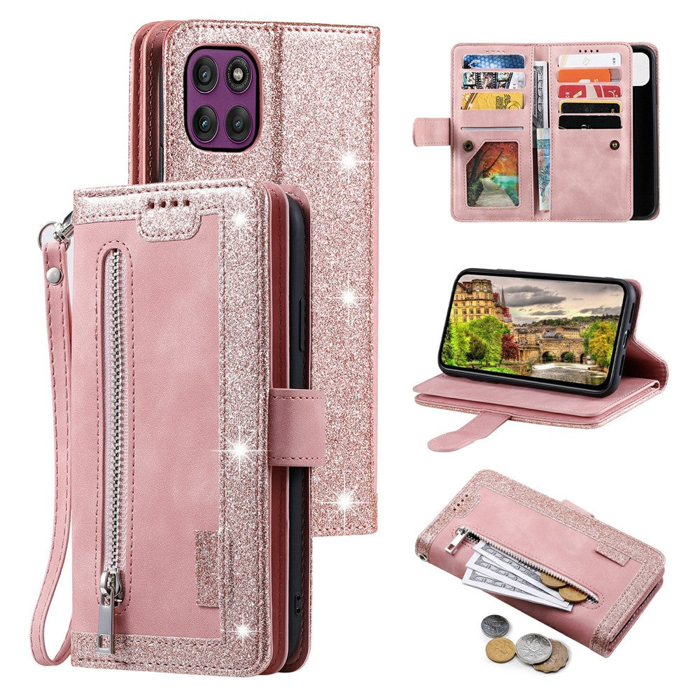 For Motorola Moto G37 5G / G47 5G Case 9 Card Slots Zipper Wallet PU Leather Phone Cover with Wrist Strap