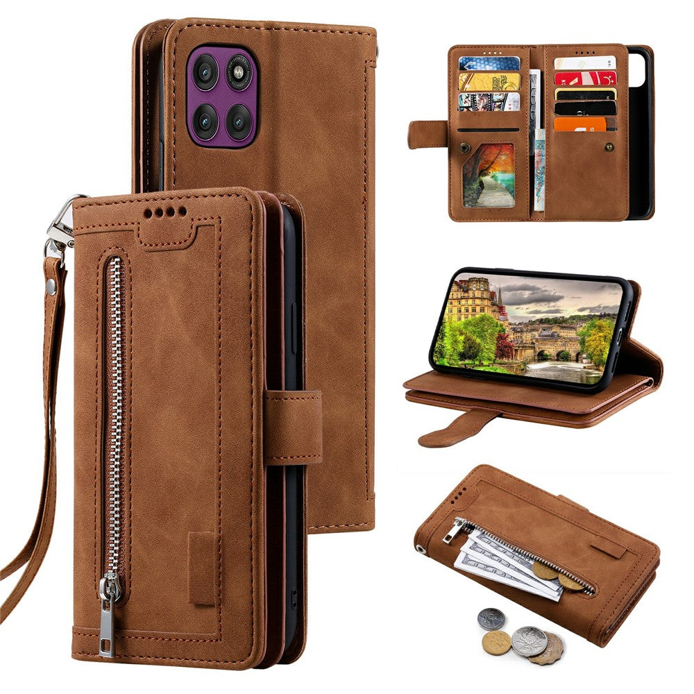 For Motorola Moto G37 5G / G47 5G Case 9 Card Slots Zipper Wallet PU Leather Phone Cover with Wrist Strap
