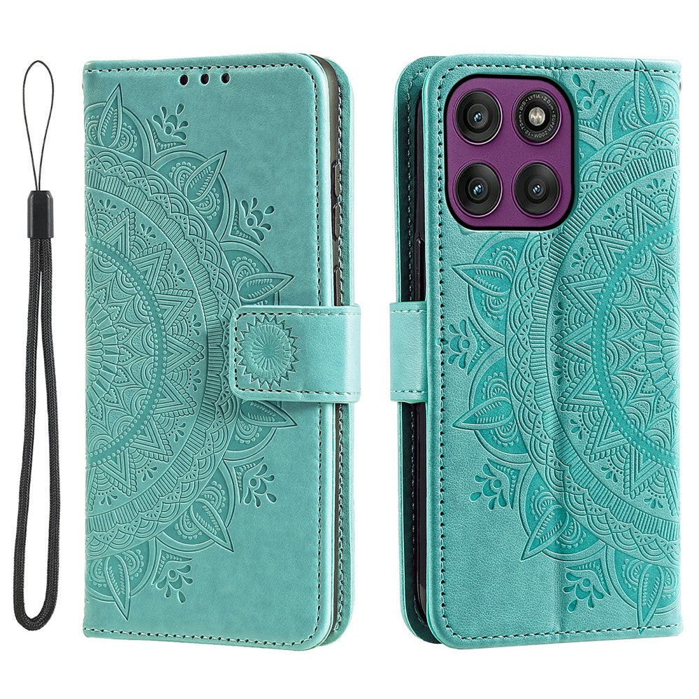 For Motorola Moto G37 Power 5G Stand Case Imprinted Totem PU Leather Wallet Phone Cover with Wrist Strap