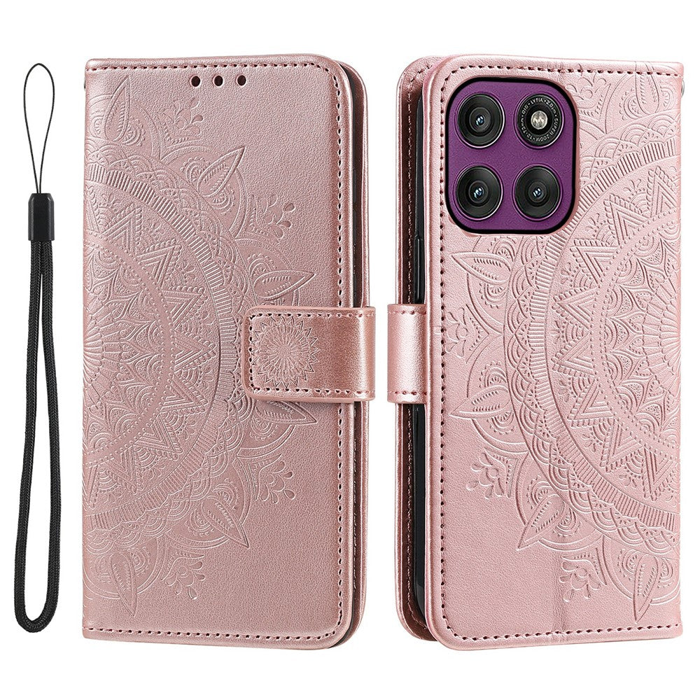 For Motorola Moto G37 Power 5G Stand Case Imprinted Totem PU Leather Wallet Phone Cover with Wrist Strap