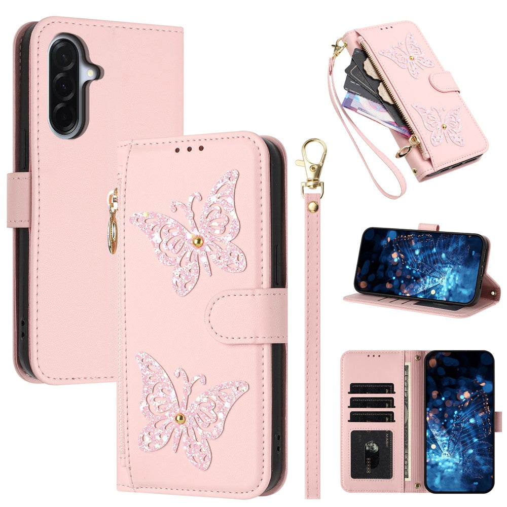 For Samsung Galaxy A27 5G Case Glitter Butterfly Zipper Pocket Stand Leather Phone Cover with Hand Strap / Shoulder Strap