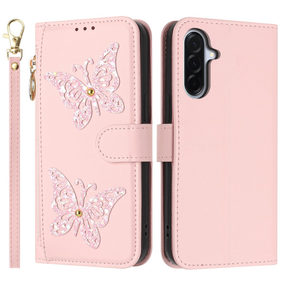 For Samsung Galaxy A27 5G Case Glitter Butterfly Zipper Pocket Stand Leather Phone Cover with Hand Strap / Shoulder Strap