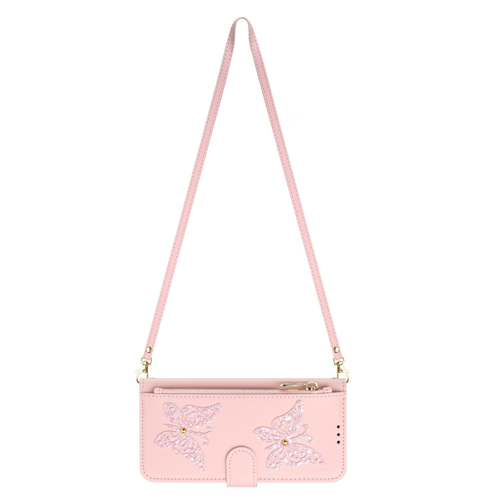 For Samsung Galaxy A27 5G Case Glitter Butterfly Zipper Pocket Stand Leather Phone Cover with Hand Strap / Shoulder Strap