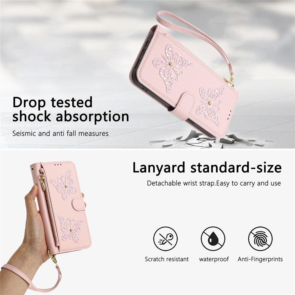For Samsung Galaxy A27 5G Case Glitter Butterfly Zipper Pocket Stand Leather Phone Cover with Hand Strap / Shoulder Strap