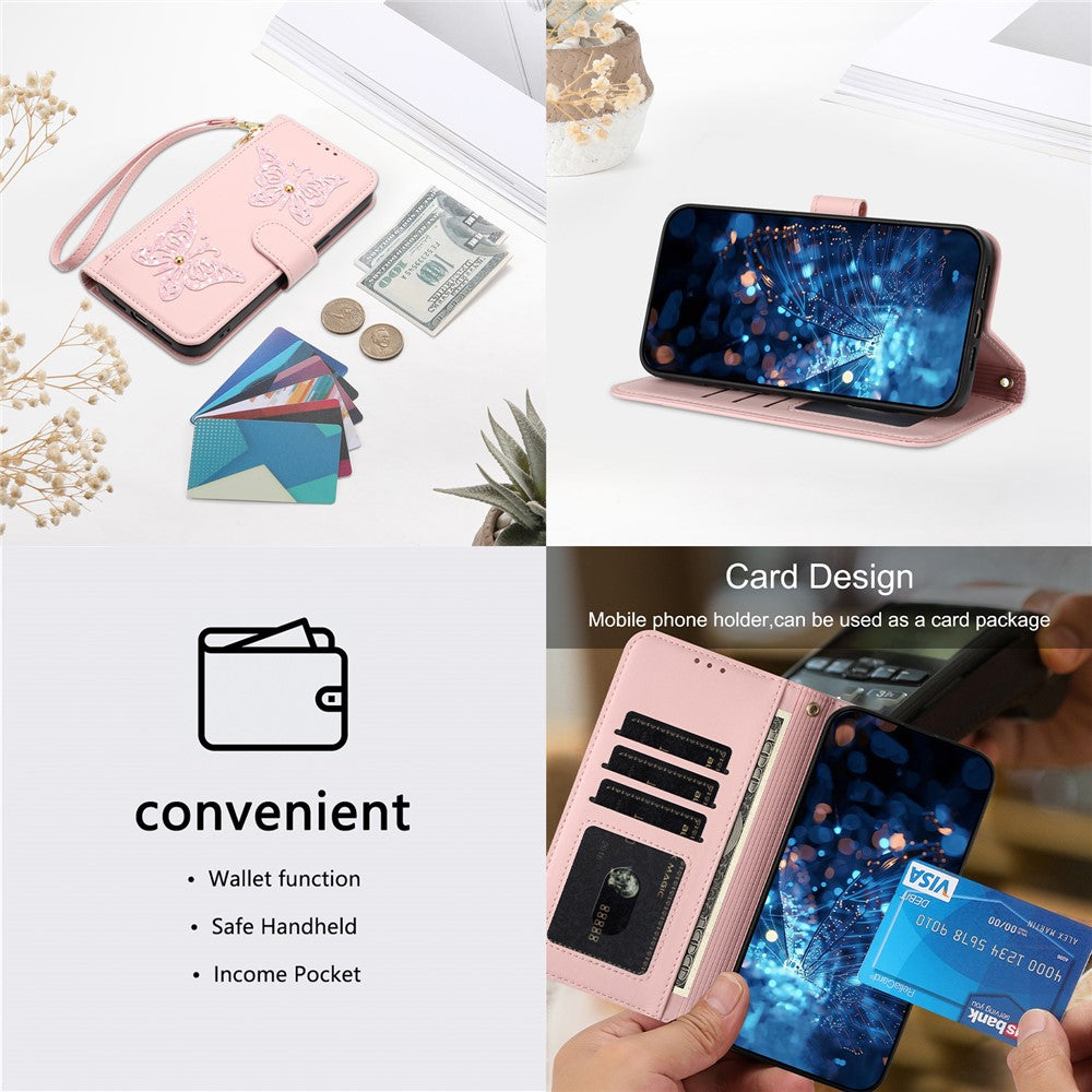 For Samsung Galaxy A27 5G Case Glitter Butterfly Zipper Pocket Stand Leather Phone Cover with Hand Strap / Shoulder Strap