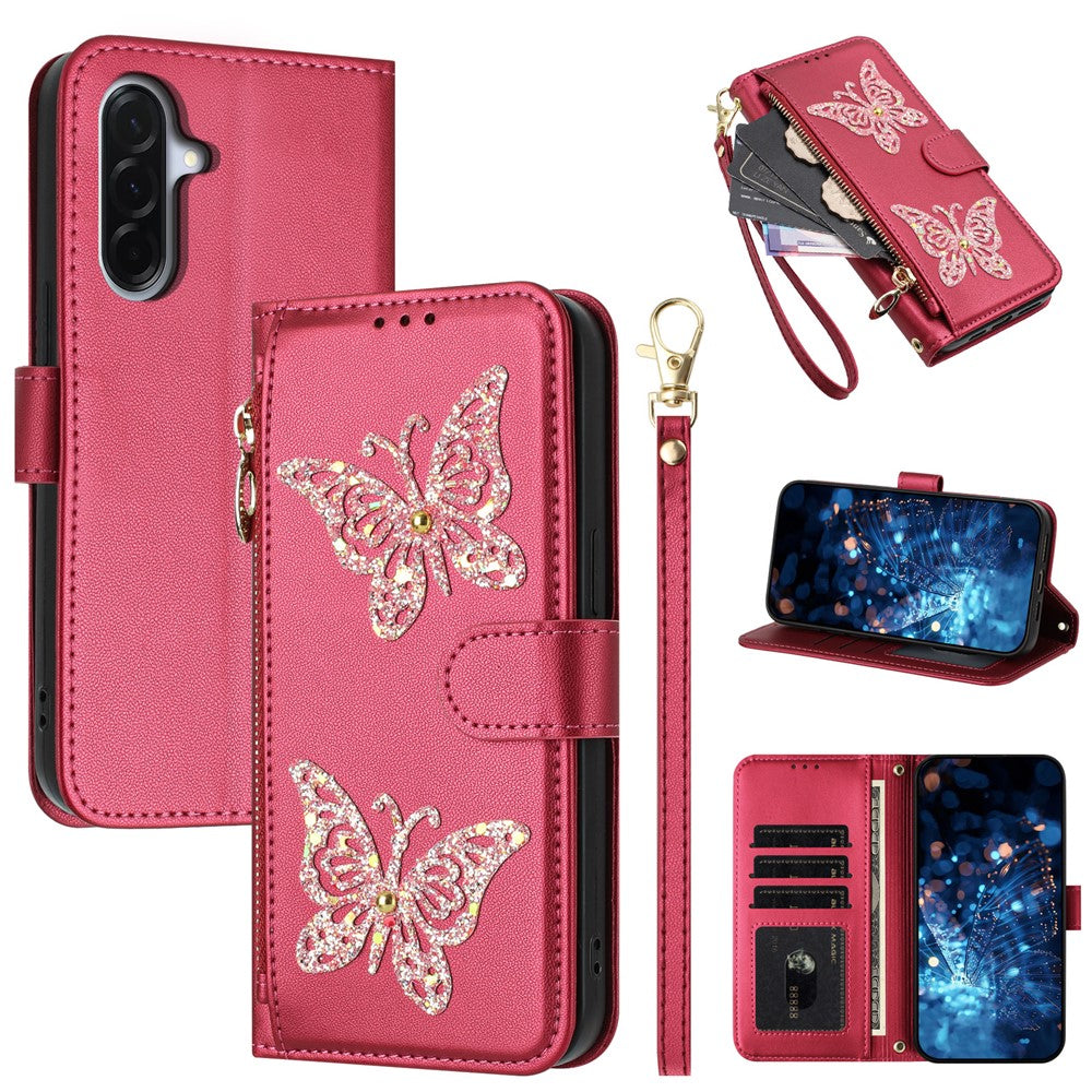 For Samsung Galaxy A27 5G Case Glitter Butterfly Zipper Pocket Stand Leather Phone Cover with Hand Strap / Shoulder Strap
