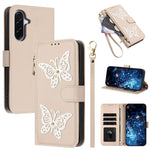 For Samsung Galaxy A27 5G Case Glitter Butterfly Zipper Pocket Stand Leather Phone Cover with Hand Strap / Shoulder Strap