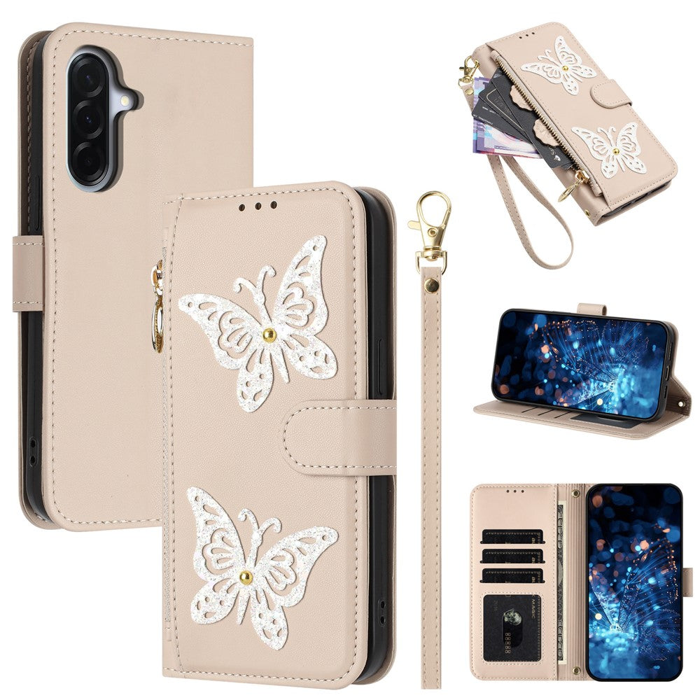 For Samsung Galaxy A27 5G Case Glitter Butterfly Zipper Pocket Stand Leather Phone Cover with Hand Strap / Shoulder Strap