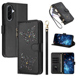 For Samsung Galaxy A27 5G Case Glitter Butterfly Zipper Pocket Stand Leather Phone Cover with Hand Strap / Shoulder Strap