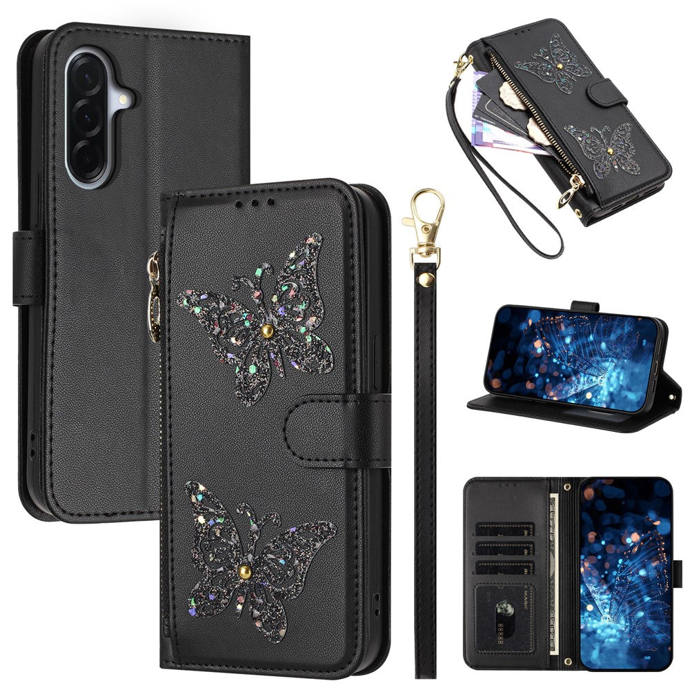 For Samsung Galaxy A27 5G Case Glitter Butterfly Zipper Pocket Stand Leather Phone Cover with Hand Strap / Shoulder Strap