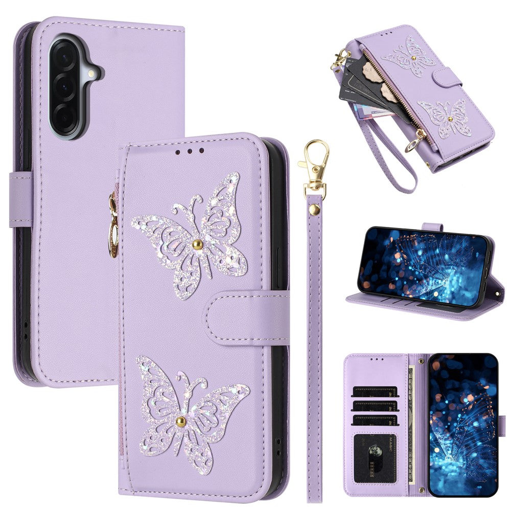For Samsung Galaxy A27 5G Case Glitter Butterfly Zipper Pocket Stand Leather Phone Cover with Hand Strap / Shoulder Strap