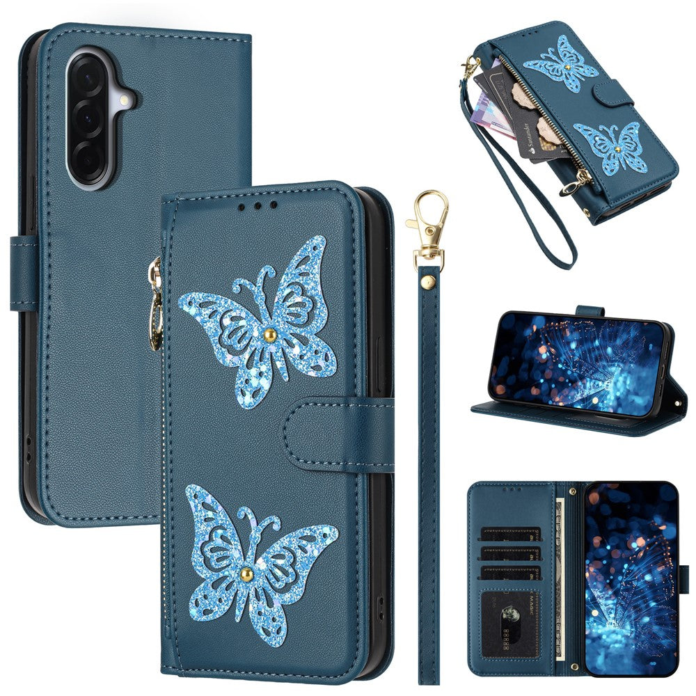 For Samsung Galaxy A27 5G Case Glitter Butterfly Zipper Pocket Stand Leather Phone Cover with Hand Strap / Shoulder Strap