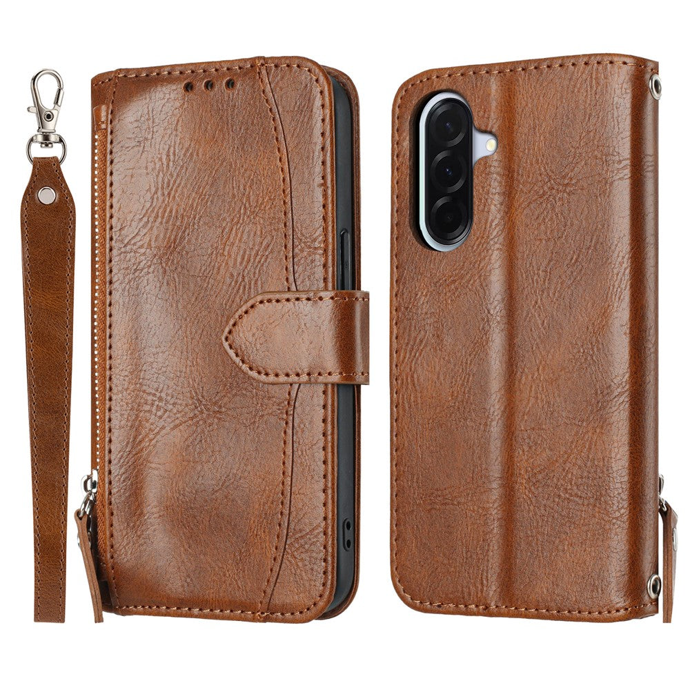 For Samsung Galaxy A27 5G Case Zipper Pocket Leather Phone Cover with Crossbody Shoulder Strap