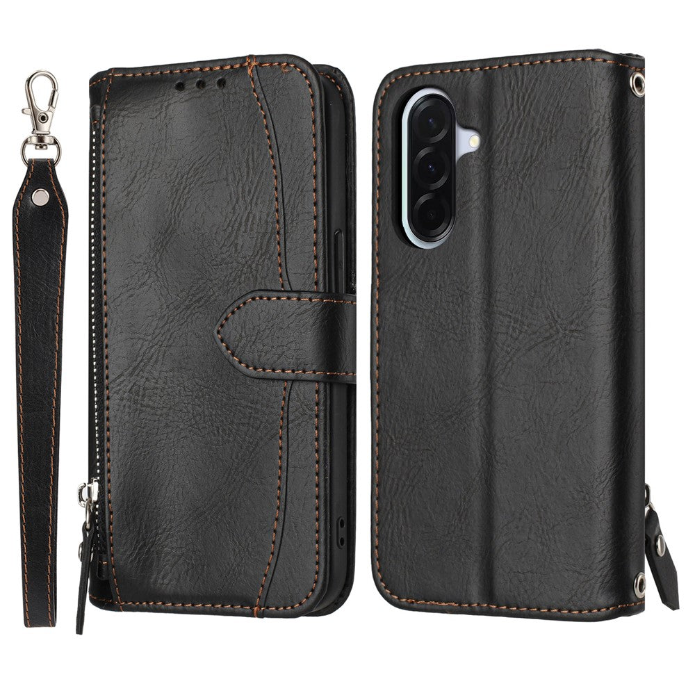 For Samsung Galaxy A27 5G Case Zipper Pocket Leather Phone Cover with Crossbody Shoulder Strap