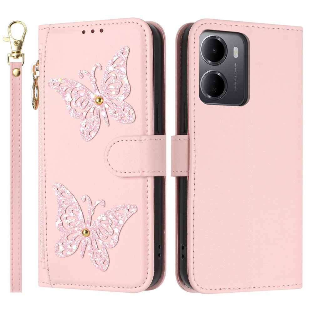Xiaomi Redmi 15a 5G-skal Glitter Fjäril Blixtlåsficka Stativ Lädermobilskal med Handrem / Axelrem