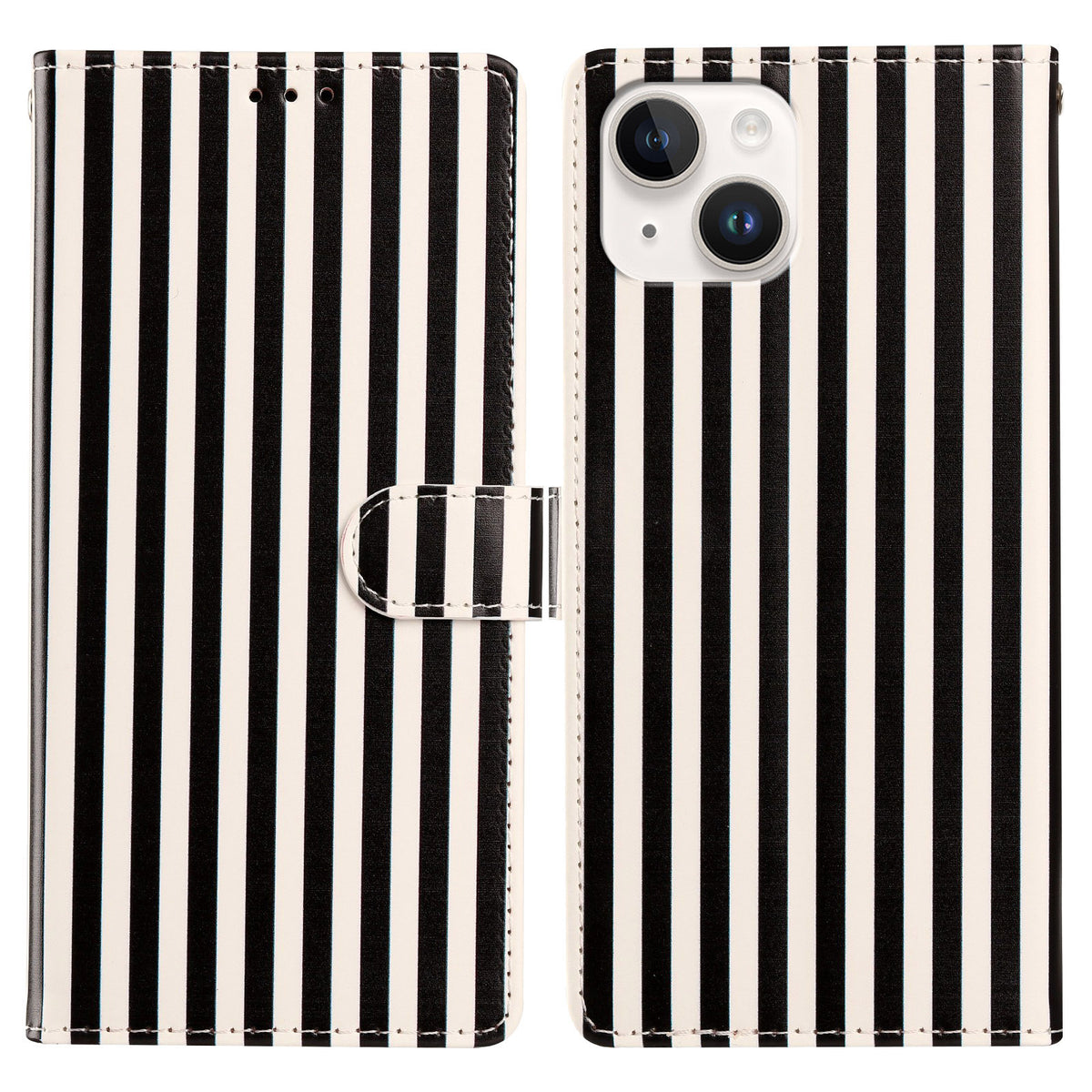 For iPhone 15 Wallet Case Vintage Stripes Leather Stand Flip Phone Cover with Wrist Strap