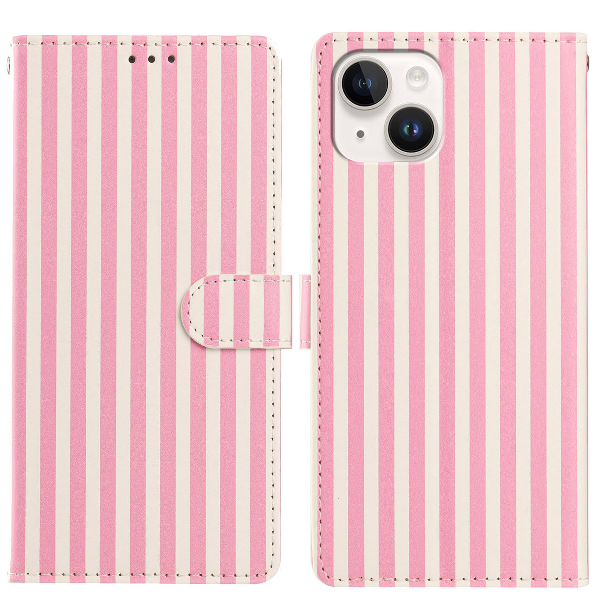 For iPhone 15 Wallet Case Vintage Stripes Leather Stand Flip Phone Cover with Wrist Strap