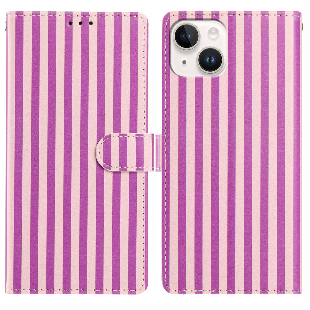 For iPhone 15 Wallet Case Vintage Stripes Leather Stand Flip Phone Cover with Wrist Strap