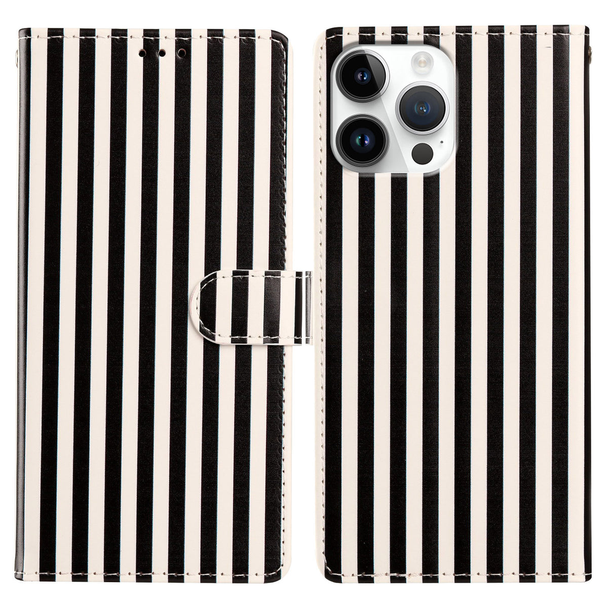 For iPhone 15 Pro Wallet Case Vintage Stripes Leather Stand Flip Phone Cover with Wrist Strap