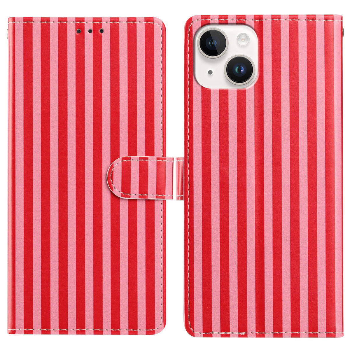 For iPhone 15 Plus Wallet Case Vintage Stripes Leather Stand Flip Phone Cover with Wrist Strap