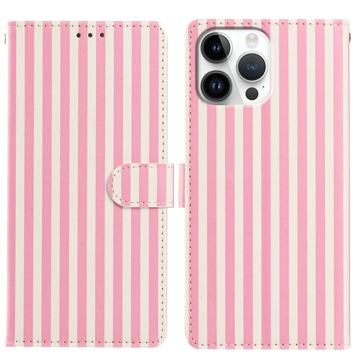 For iPhone 15 Pro Max Wallet Case Vintage Stripes Leather Stand Flip Phone Cover with Wrist Strap