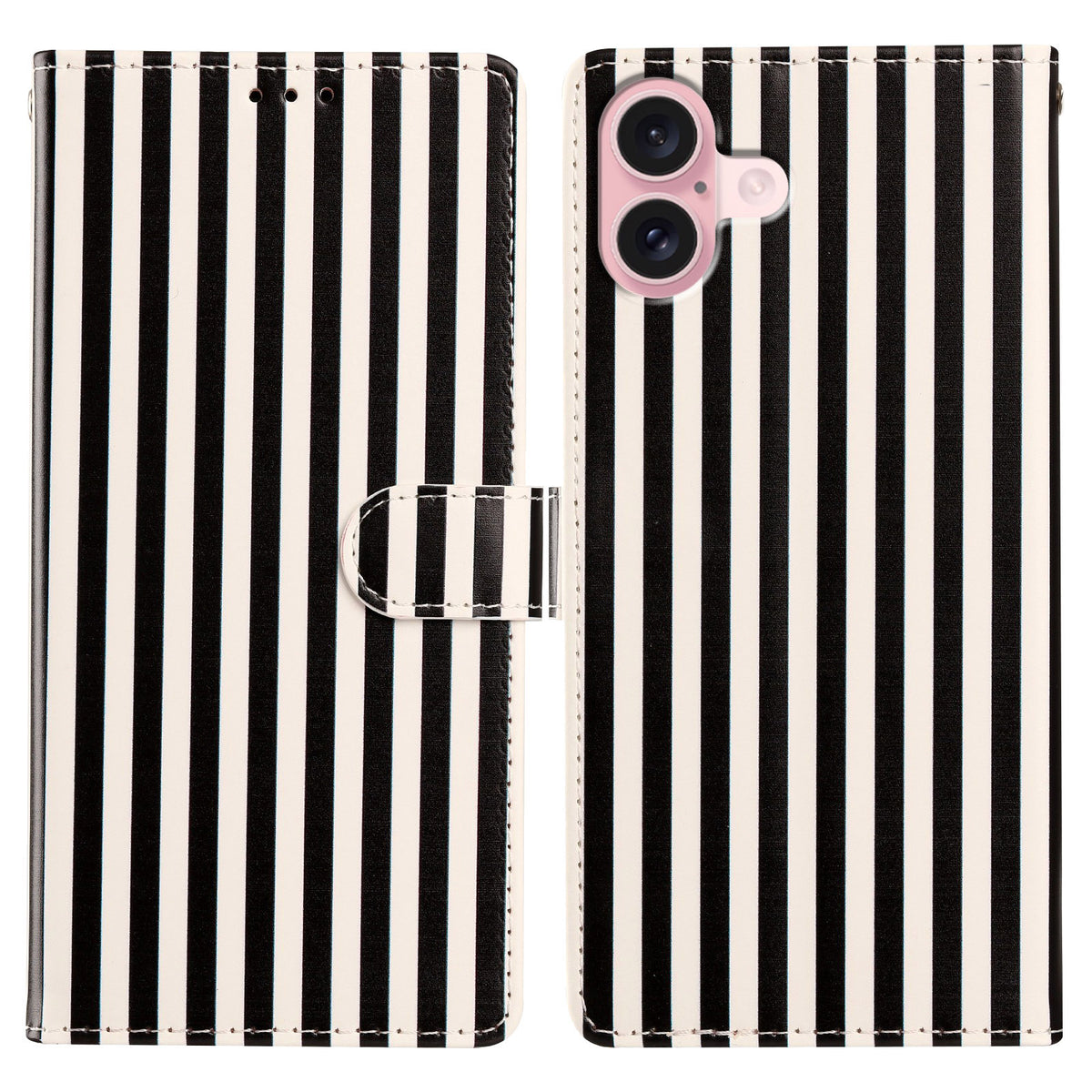 For iPhone 16 Wallet Case Vintage Stripes Leather Stand Flip Phone Cover with Wrist Strap
