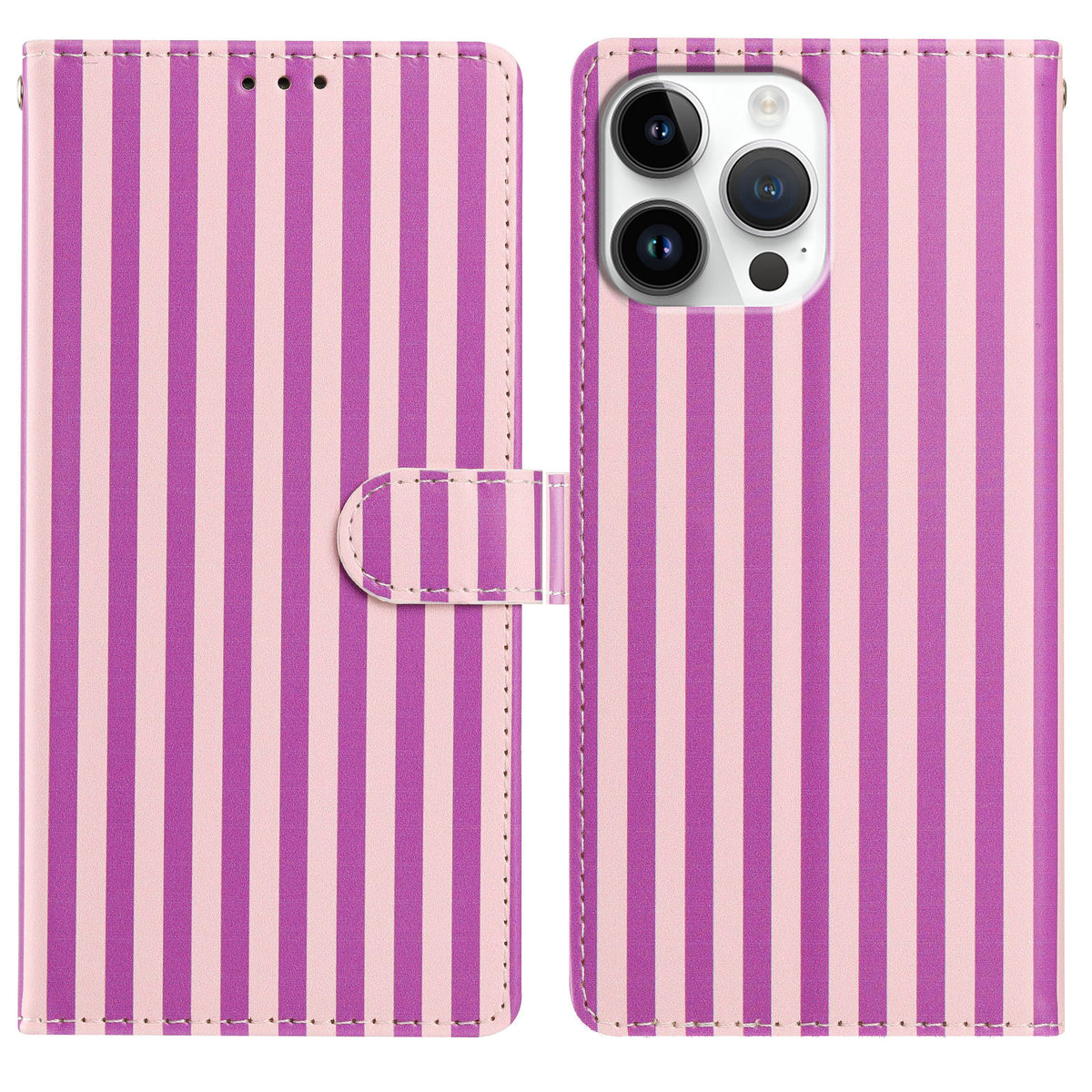 Til iPhone 16 Pro Pung Etui Vintage Striber Læder Stand Flip Telefon Cover med Håndrem