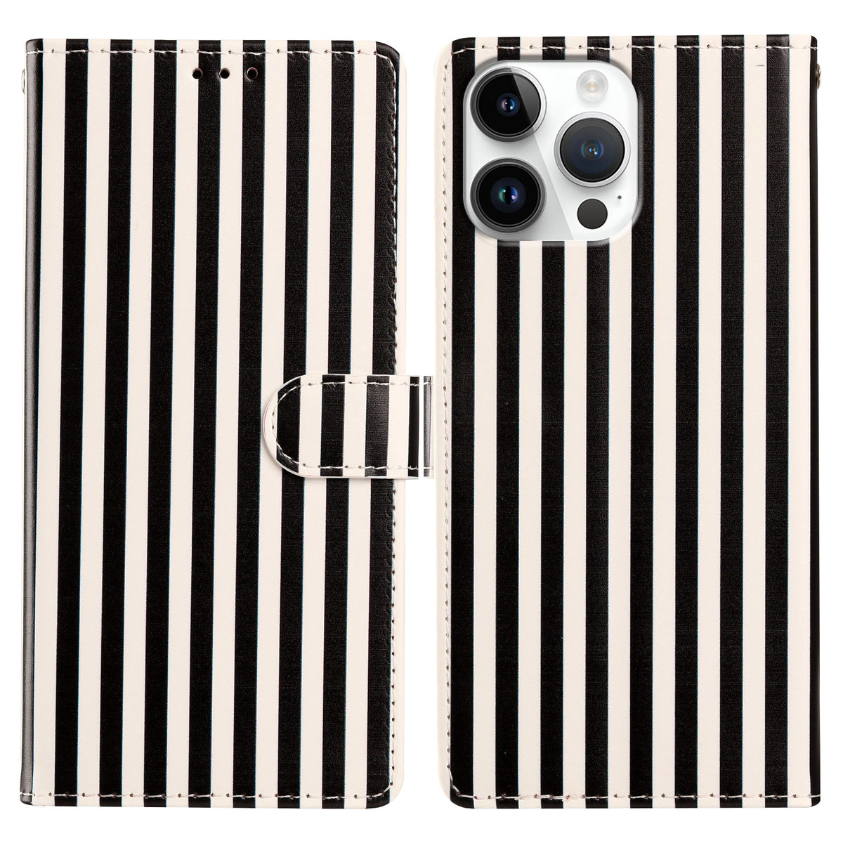 Til iPhone 16 Pro Max Pung Etui Vintage Striber Læder Stander Flip Telefoncover med Håndrem