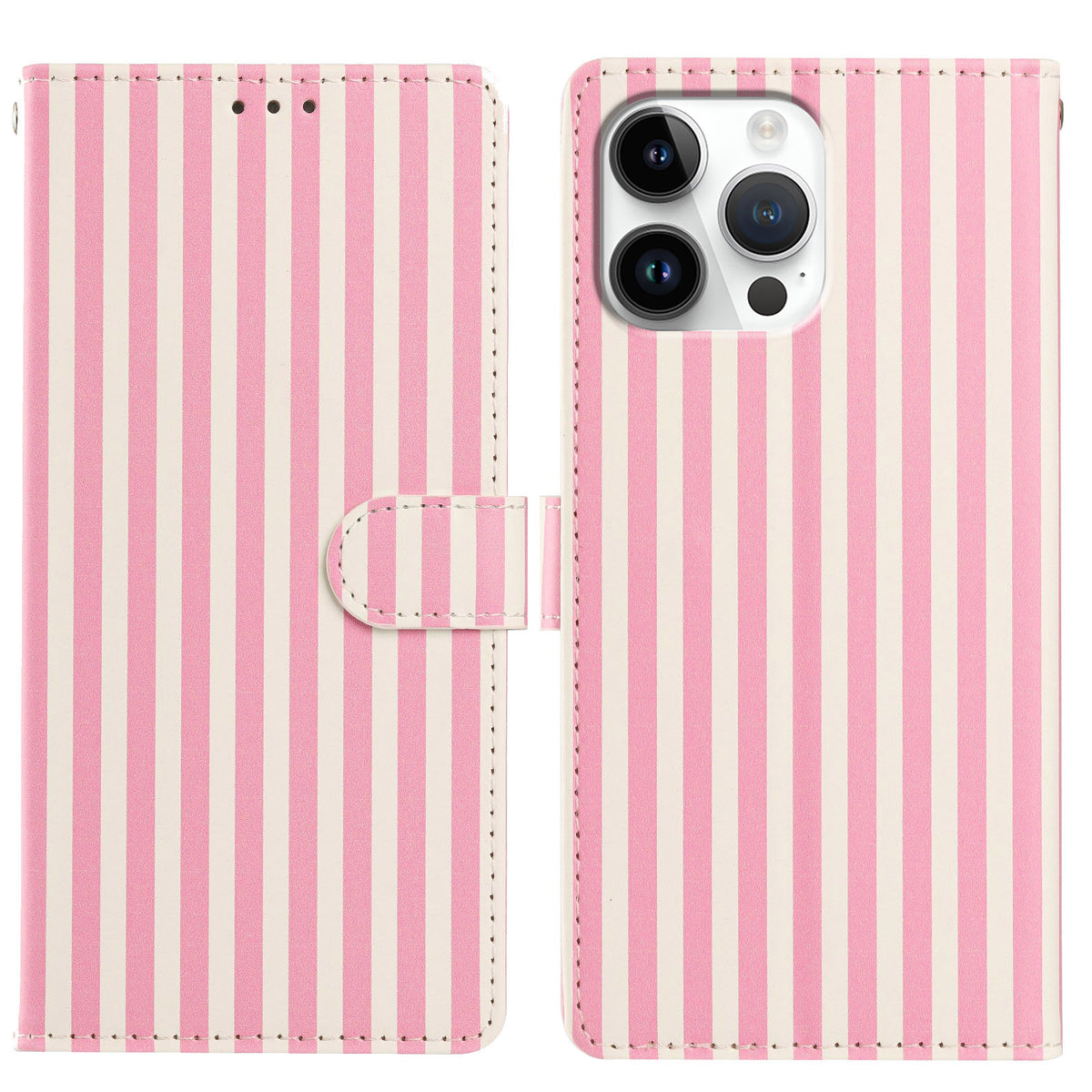 Til iPhone 16 Pro Max Pung Etui Vintage Striber Læder Stander Flip Telefoncover med Håndrem