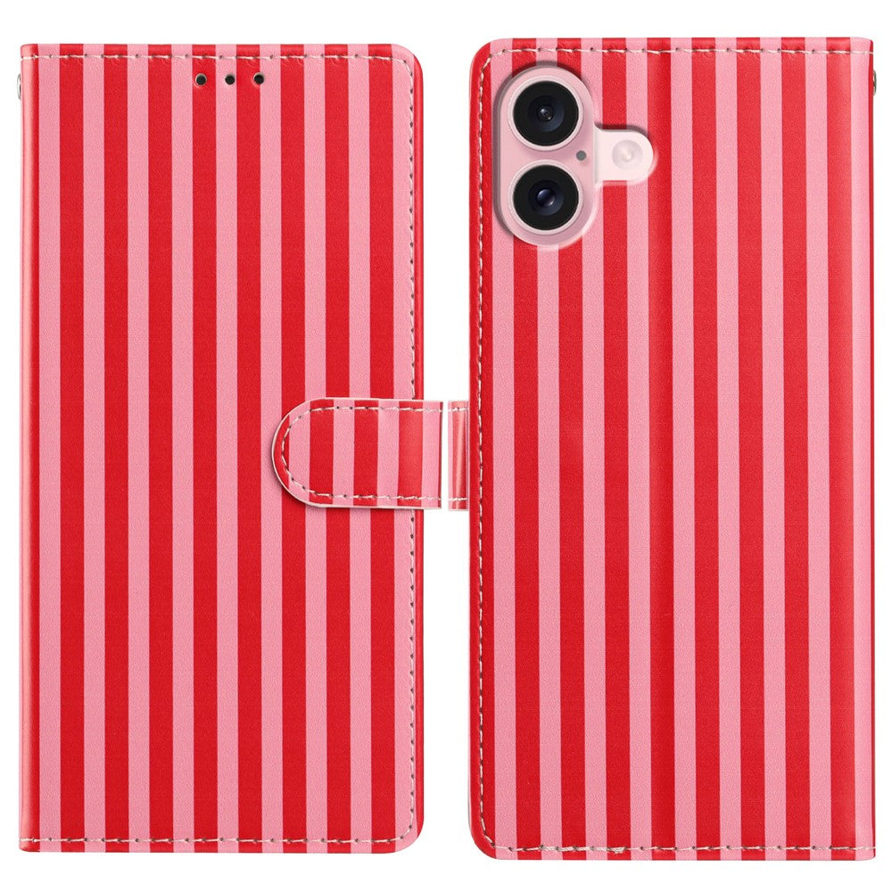 For iPhone 16 Plus Wallet Case Vintage Stripes Leather Stand Flip Phone Cover with Wrist Strap