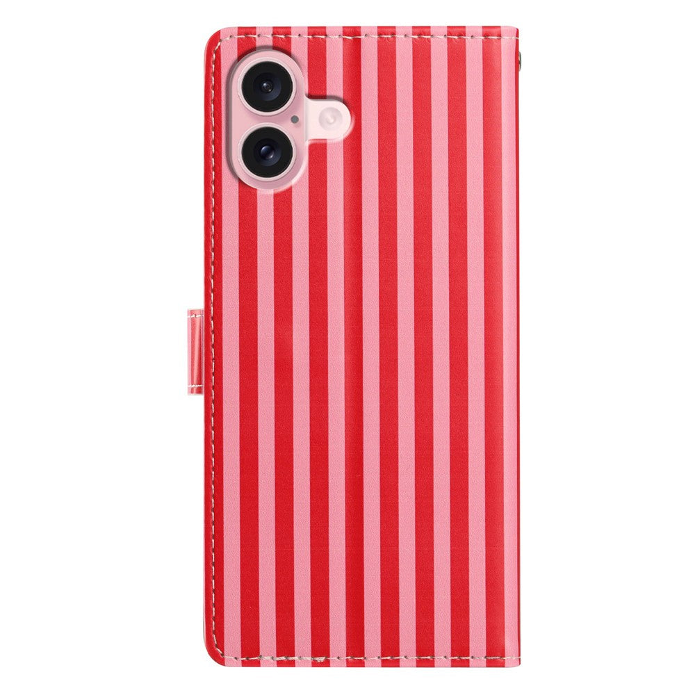 For iPhone 16 Plus Wallet Case Vintage Stripes Leather Stand Flip Phone Cover with Wrist Strap