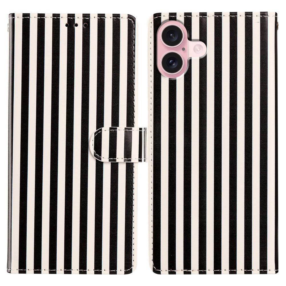 For iPhone 16 Plus Wallet Case Vintage Stripes Leather Stand Flip Phone Cover with Wrist Strap