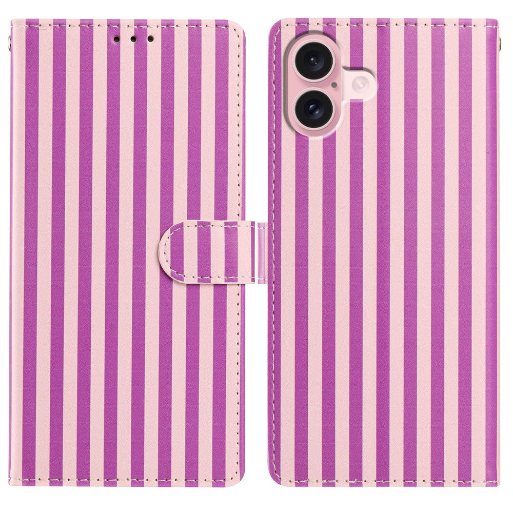 For iPhone 16 Plus Wallet Case Vintage Stripes Leather Stand Flip Phone Cover with Wrist Strap