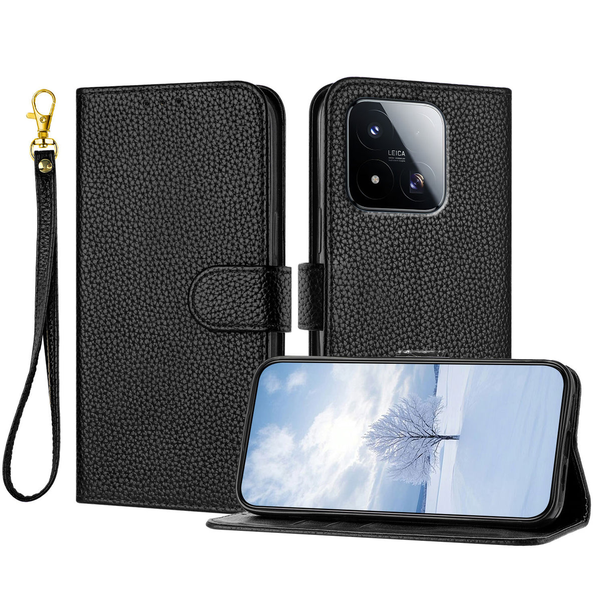 For Xiaomi 17 Max Leather Case Litchi Texture Wallet Stand Anti Drop Phone Cover with Wrist Strap