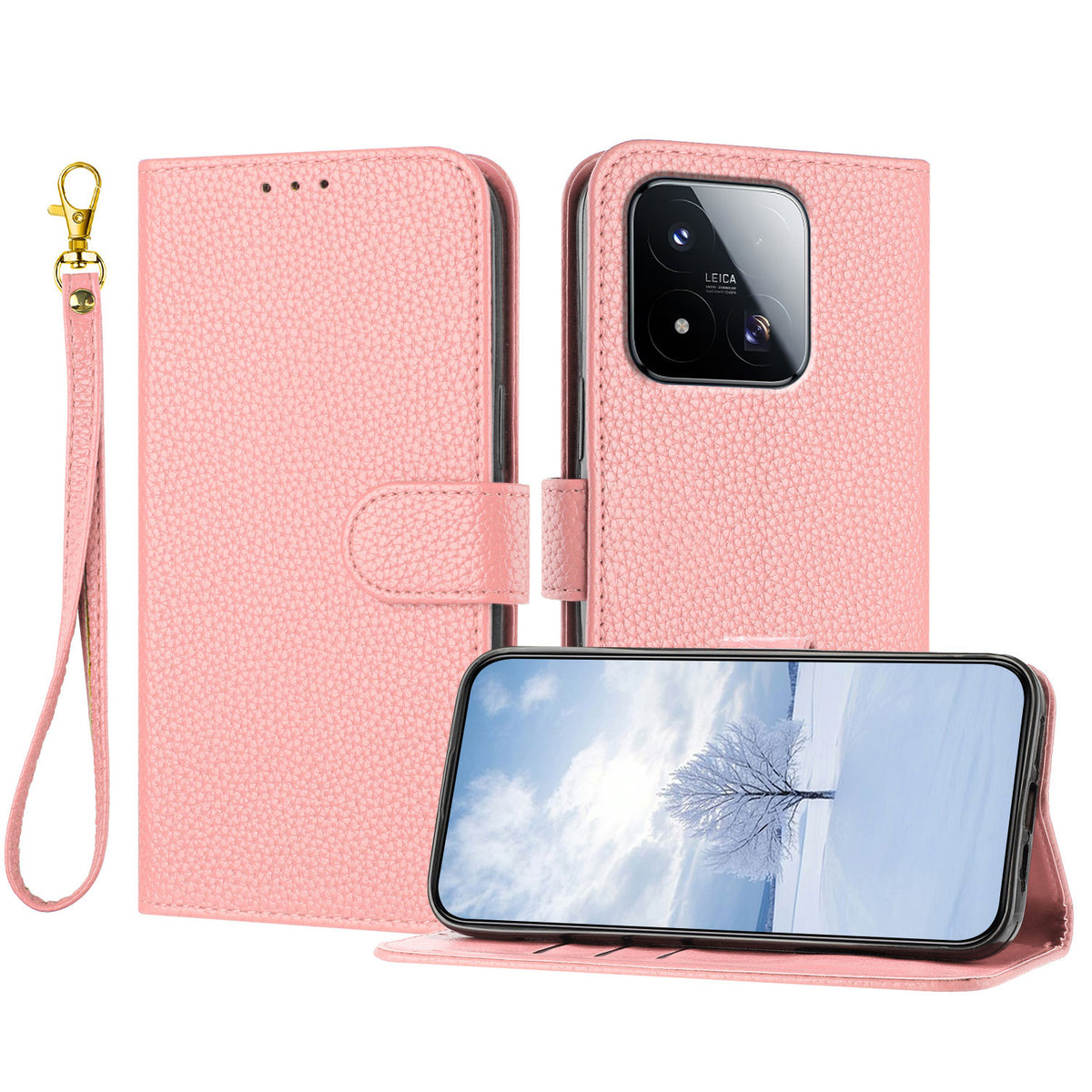 For Xiaomi 17 Max Leather Case Litchi Texture Wallet Stand Anti Drop Phone Cover with Wrist Strap
