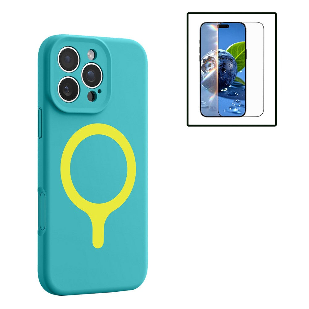 Til iPhone 16 Pro Magnetisk Cover Flydende Silikone Anti-ridse Telefoncover med Hærdet Glas Skærmbeskytter