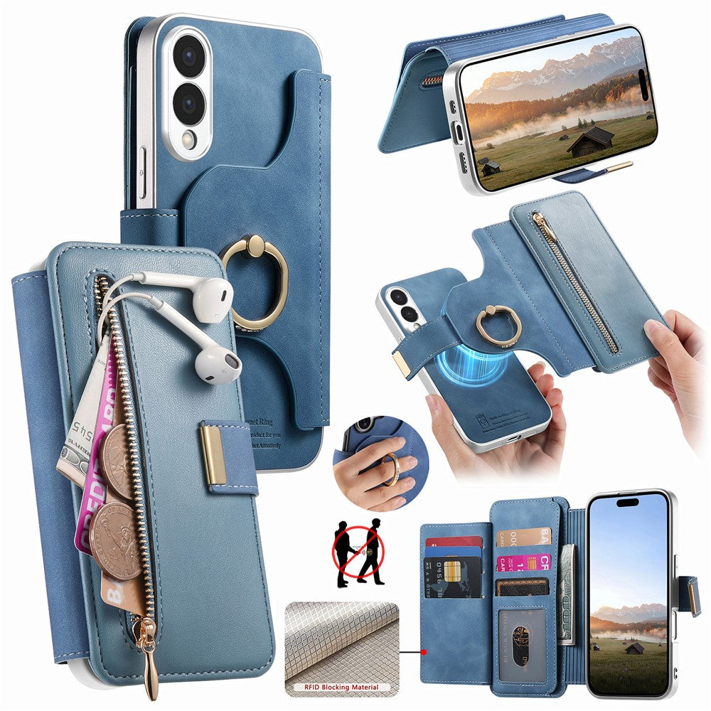 For Samsung Galaxy S25 Edge Case RFID Blocking Detachable Magnetic Leather Phone Cover with Ring Holder