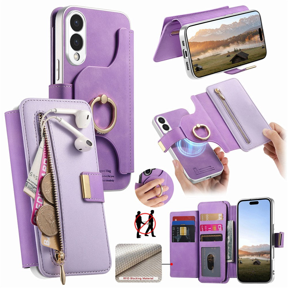 For Samsung Galaxy S25 Edge Case RFID Blocking Detachable Magnetic Leather Phone Cover with Ring Holder