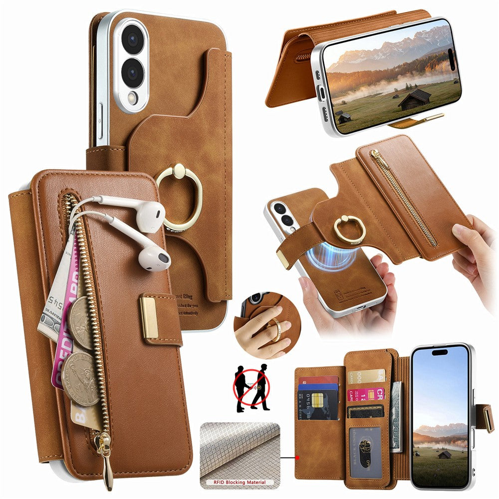 For Samsung Galaxy S25 Edge Case RFID Blocking Detachable Magnetic Leather Phone Cover with Ring Holder