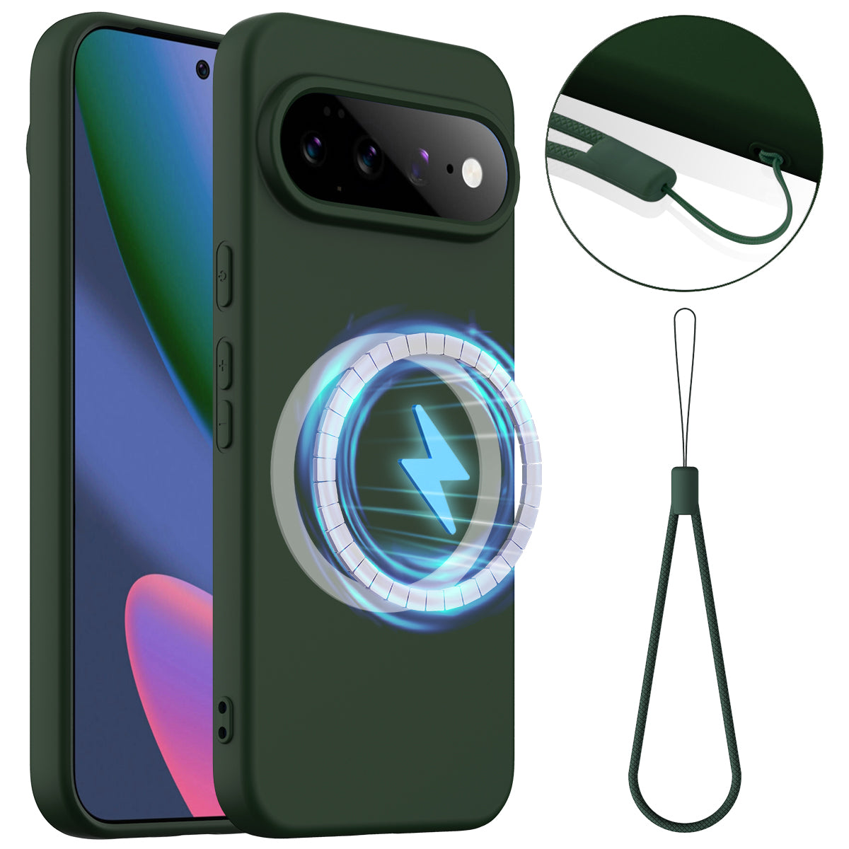 Til Google Pixel 11 Magnetisk Etui Anti-Drop Flydende Silikone Telefoncover med Snor