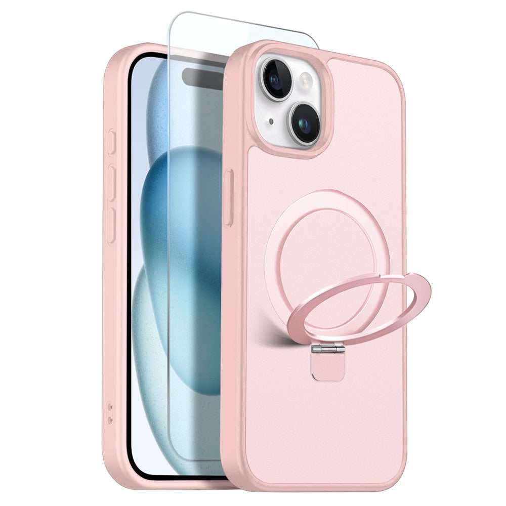NORTHJO For iPhone 15 Plus Case with Invisible Magnetic O-Ring Stand Compatible with MagSafe Translucent Matte Shockproof Phone Cover with Tempered Glass Film