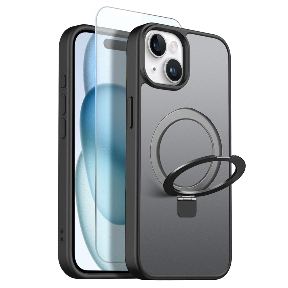 NORTHJO Skal för iPhone 15 Plus med osynlig magnetisk O-ring, kompatibelt med MagSafe, genomskinligt matt, stötsäkert mobilskal med härdat glasfilm