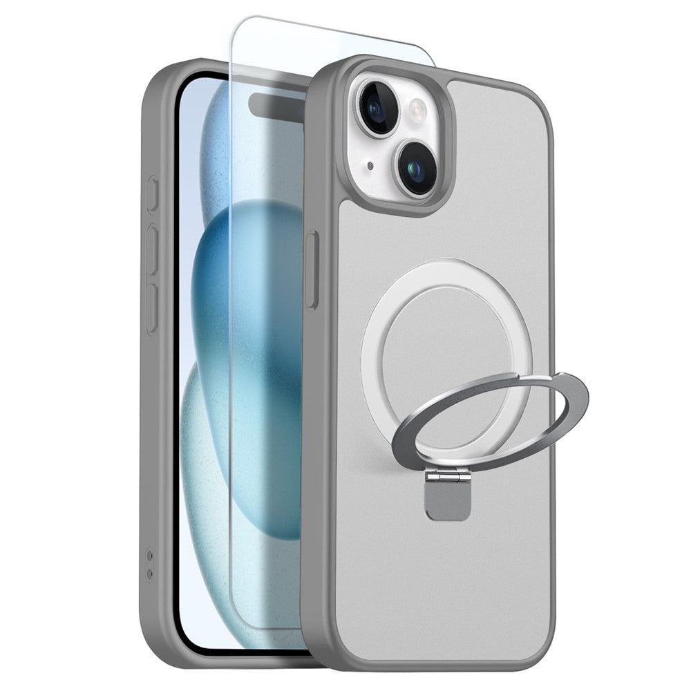 NORTHJO For iPhone 15 Plus Case with Invisible Magnetic O-Ring Stand Compatible with MagSafe Translucent Matte Shockproof Phone Cover with Tempered Glass Film