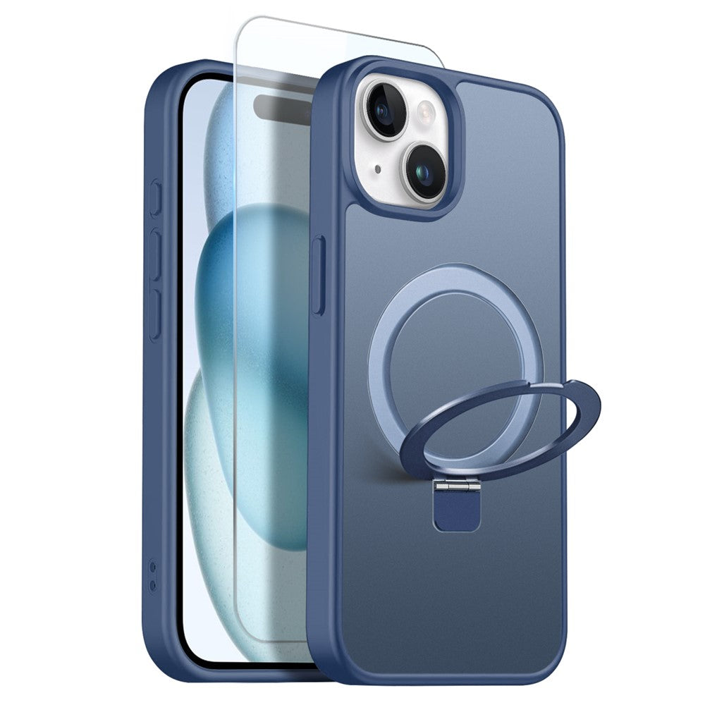 NORTHJO For iPhone 15 Plus Case with Invisible Magnetic O-Ring Stand Compatible with MagSafe Translucent Matte Shockproof Phone Cover with Tempered Glass Film