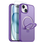 NORTHJO For iPhone 15 Plus Case with Invisible Magnetic O-Ring Stand Compatible with MagSafe Translucent Matte Shockproof Phone Cover with Tempered Glass Film