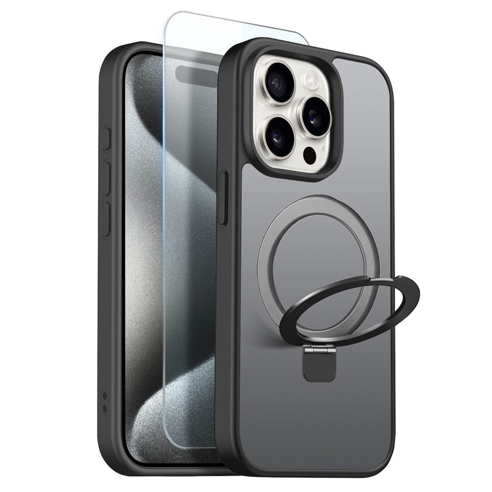 NORTHJO For iPhone 15 Pro Case with Invisible Magnetic O-Ring Stand Compatible with MagSafe Translucent Matte Shockproof Phone Cover with Tempered Glass Film